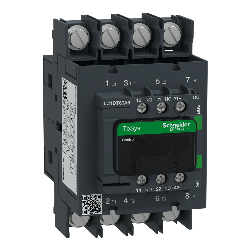 LC1DT60A6BBE - Contactor IEC, TeSys Deca Green, no inversor, resistivo de 60 A, 4 polos, 4 NA, bobina de 24 V CC, estilo abierto