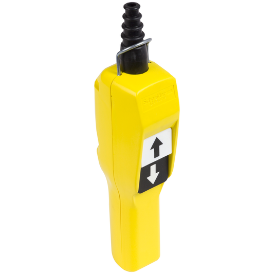 XACA215 - Pendant control station, Harmony XAC, plastic, yellow, pistol grip, 2 booted push buttons with NO+NC