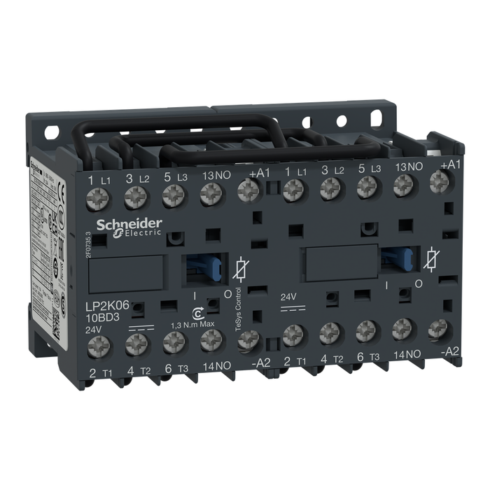 LP2K0610BD3 - Reversing contactor, TeSys K, 3P, AC-3, lt or eq to 440V 6A, 1 NO, 24VDC coil