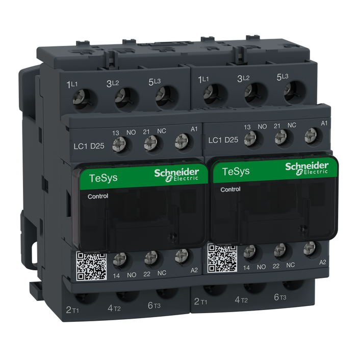 LC2D25G7 - TeSys Deca IEC contactor, 25 A, 3 P, 15 HP at 480 VAC, reversing, 120 VAC 50/60 Hz coil