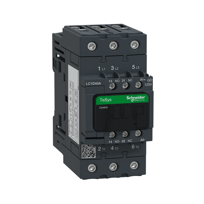 LC1D40AGD - IEC contactor, TeSys Deca, nonreversing, 40A, 30HP at 480VAC, up to 100kA SCCR, 3 phase, 3 NO, 125VDC coil, open style