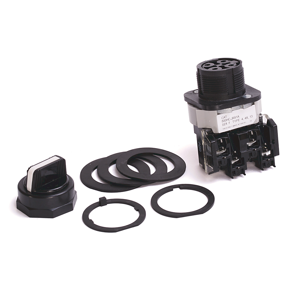 800HC-JR91B - Interruptor selector de 3 posiciones 800H, blanco, perilla estándar con resorte de retorno frontal/trasero, protectores de dedos, 3 posiciones, leva y bloques de contacto, código R para 800H, n.°