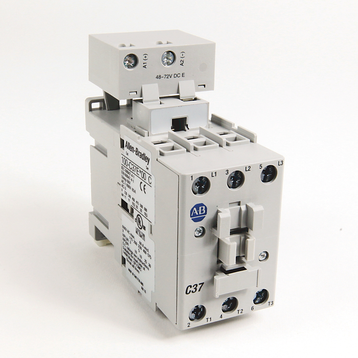 100-C37EJ00 - 100-C IEC Contactor, 24V DC Electronic Coil, Screw Terminals, Line Side, 37A, 0 N.O. 0 N.C. Auxiliary Contact Configuration, Single Pack