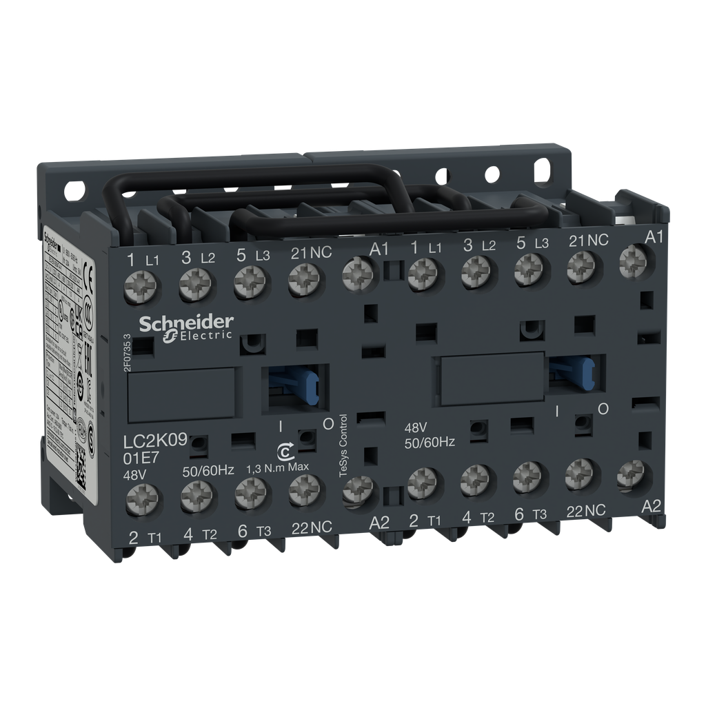 LC2K0901F7 - Contactor inversor, TeSys K, 3P, AC-3, lt o eq a 440 V 9 A, 1 NC, bobina 110 V CA