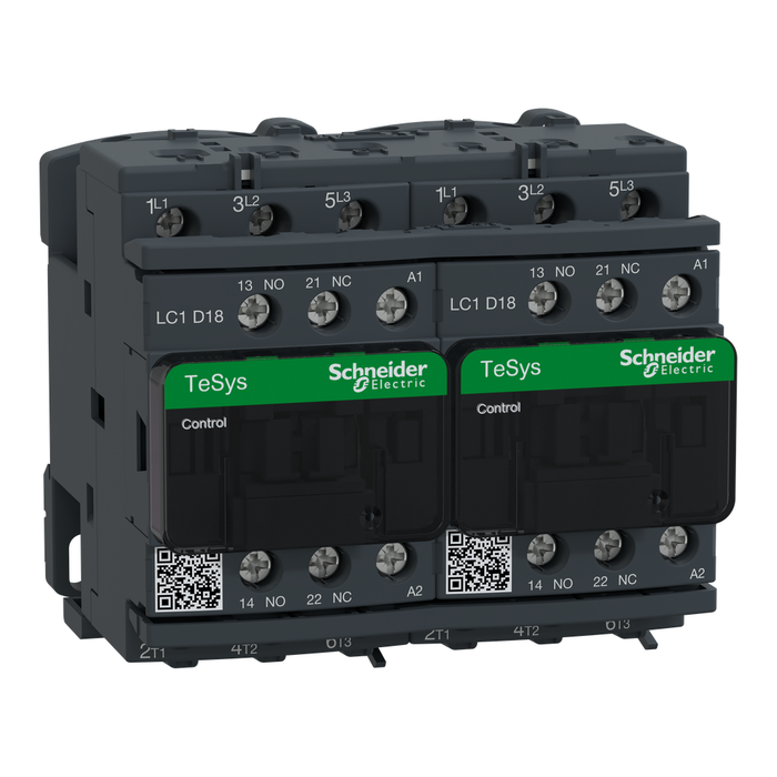 LC2D18G7 - TeSys Deca IEC contactor, 18 A, 3 P, 10 HP at 480 VAC, reversing, 120 VAC 50/60 Hz coil