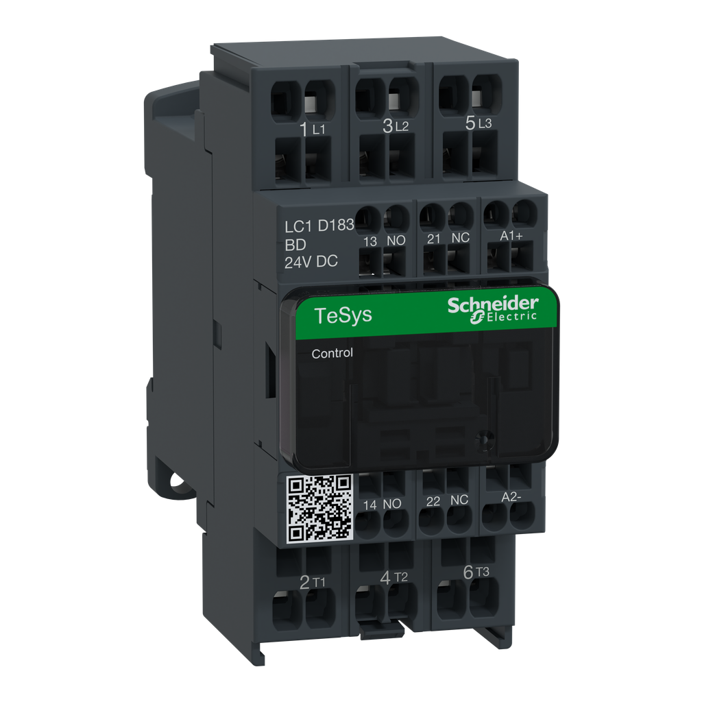 LC1D183BD - Contactor IEC, TeSys Deca, no inversor, 18 A, 10 HP a 480 V CA, trifásico, 3 polos, 3 NA, bobina de 24 V CC, estilo abierto