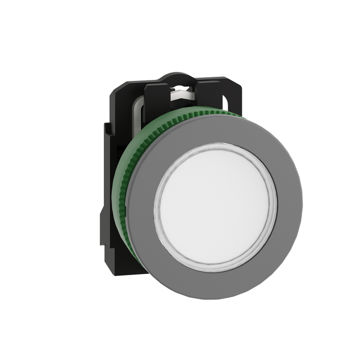 XB5FVB1C0 - Pilot light, Harmony XB5, grey bezel, white, universal LED, plain lens, screw clamp terminals, 24V