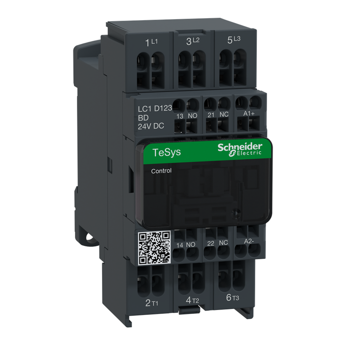 LC1D123BD - IEC contactor, TeSys Deca, nonreversing, 12A, 7.5HP at 480VAC, 3 phase, 3 pole, 3 NO, 24VDC coil, open style