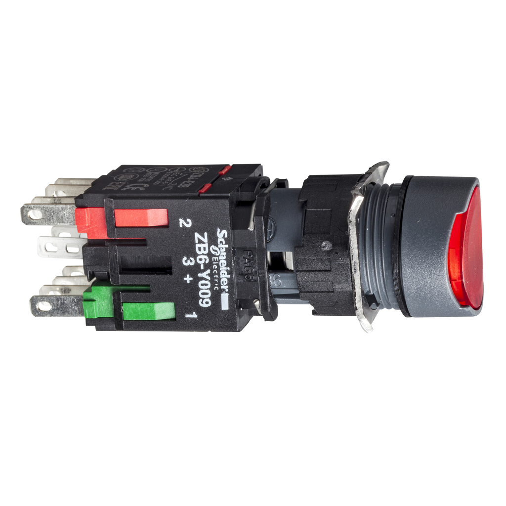 Pulsador iluminado completo, Harmony XB6, rojo rasante, 16 mm, retorno por resorte 1NC 12...24 V