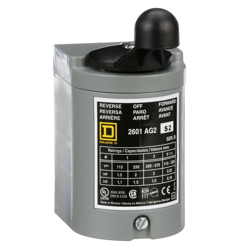 2601AG2S2 - Interruptor, tambor inversor, 2 HP a 230 VCA monofásico, 2 HP a 575 VCA polifásico, operado por manija, gabinete NEMA 1