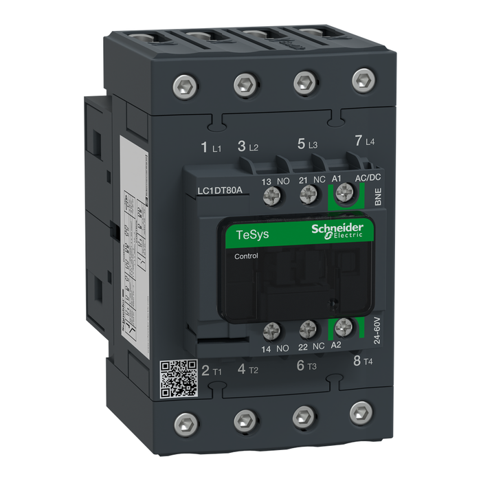 LC1DT80ABNE - IEC contactor, TeSys Deca Green, nonreversing, 80A resistive, 4 pole, 4 NO, 24/60VAC/VDDC coil, open style