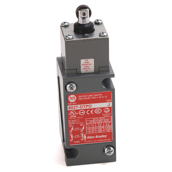 802T-DTPJ1 - Limit Switch, NEMA Type 4 and 13 Oiltight Construction, Plug-In, Top Push Roller, 4-Circuit, Whole Switch, 9-Pin Mini-Type Receptacle (J1 Wiring)