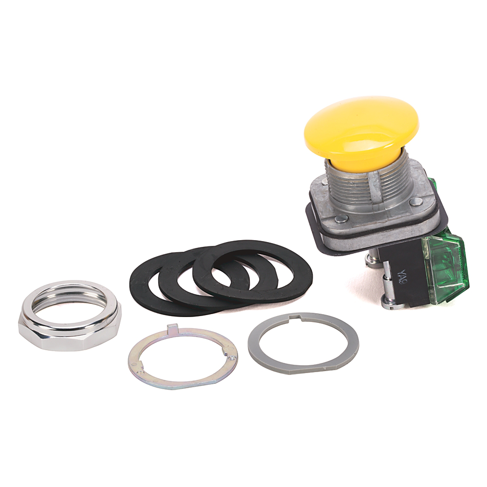 800TC-D9D1 - 30.5mm Type 4/13 Mom. Contact PB, Non-Illum., Yellow, Mushroom Hd, 1 NO, Finger Safe Guards