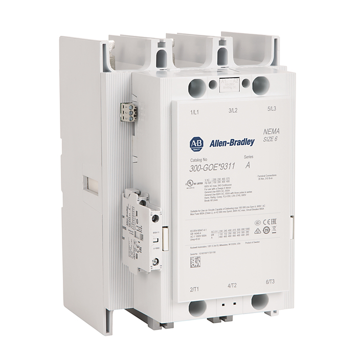 300-GOED9311 - 300 NEMA Contactor, NEMA Size 6, Open, 100-250V 50-60 Hz/100-250V DC With 24V DC PLC Interface, Three NO Poles, 1 N.O. - 1 N.C. Auxiliary Contact