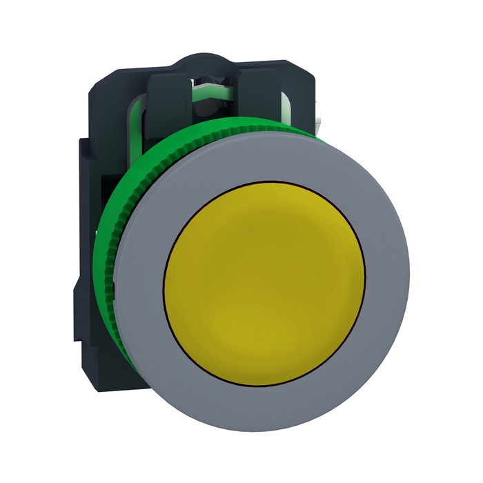 Push button, Harmony XB5, antimicrobial, grey bezel, yellow flush, 30mm, spring return, 1NO, unmarked