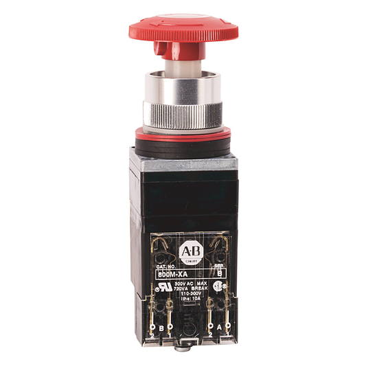 800MR-FXT6B - Unidades 800MR de 2 posiciones de empuje-tracción y de empuje-tracción/giro, sin iluminación, liberación por giro, rojas, 2 NA - 2 NC, terminales de clip