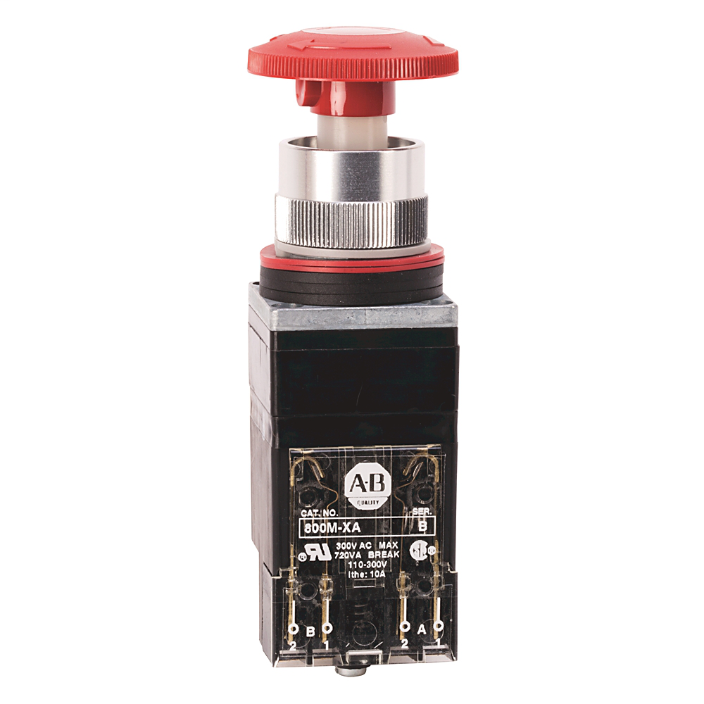 800MR-FXT6BK - Unidades 800MR de 2 posiciones de empuje-tracción y de empuje-tracción/desbloqueo por giro, sin iluminación, desbloqueo por giro, rojas, 2 NA - 2 NC, terminación de tornillo grande