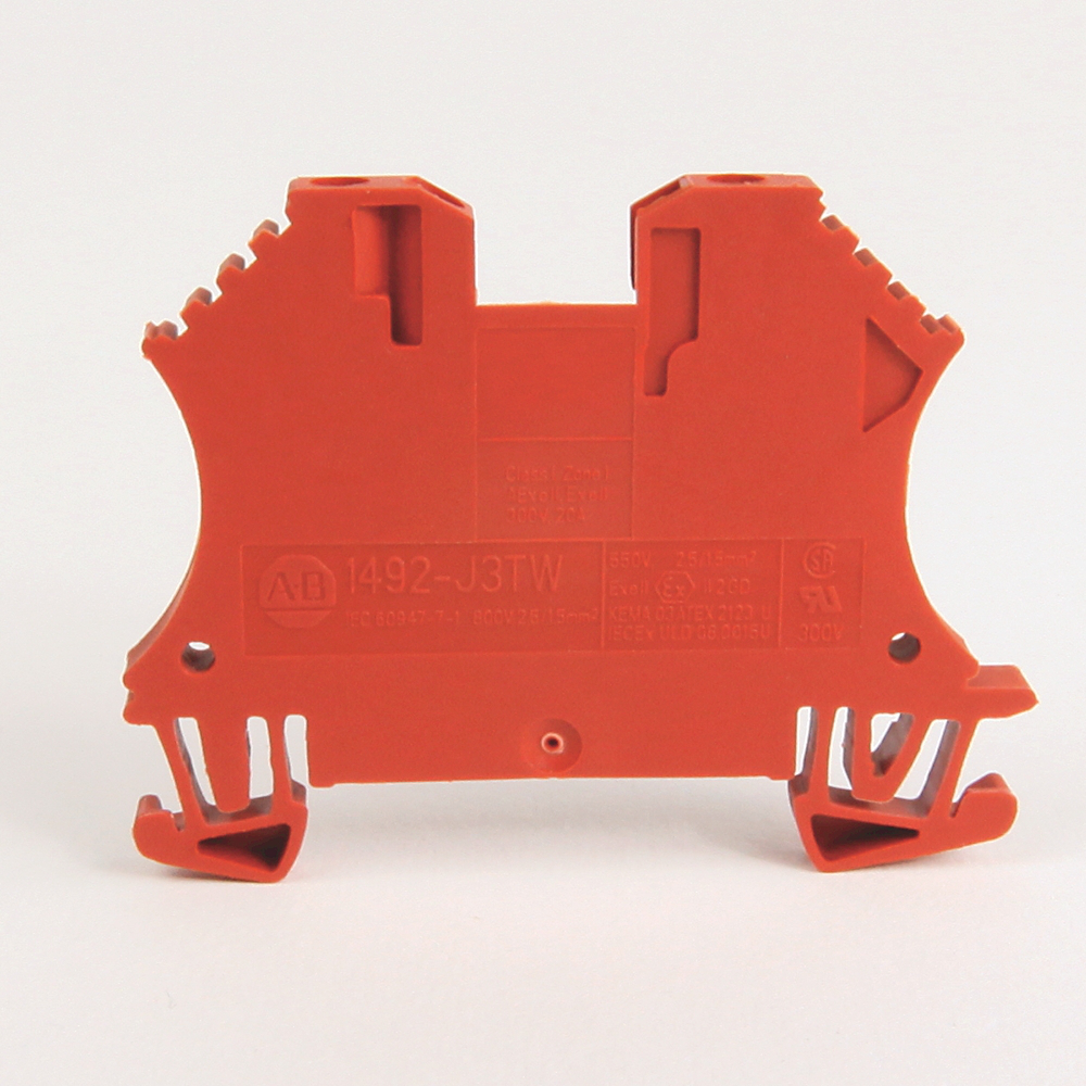 1492-J3TW-RE - Bloque de terminales IEC 1492-J, bloque de paso de un circuito, 2,5 mm (# 24 AWG - # 12 AWG), 3 puntos de conexión, 2 en un lado, rojo