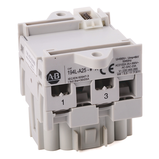 194L-A25-7303 - IEC Control and Load Switch, Reversing 1-0-2 45°, 25 Amp, 3 Poles, Available as Custom Order, Base / DIN Rail