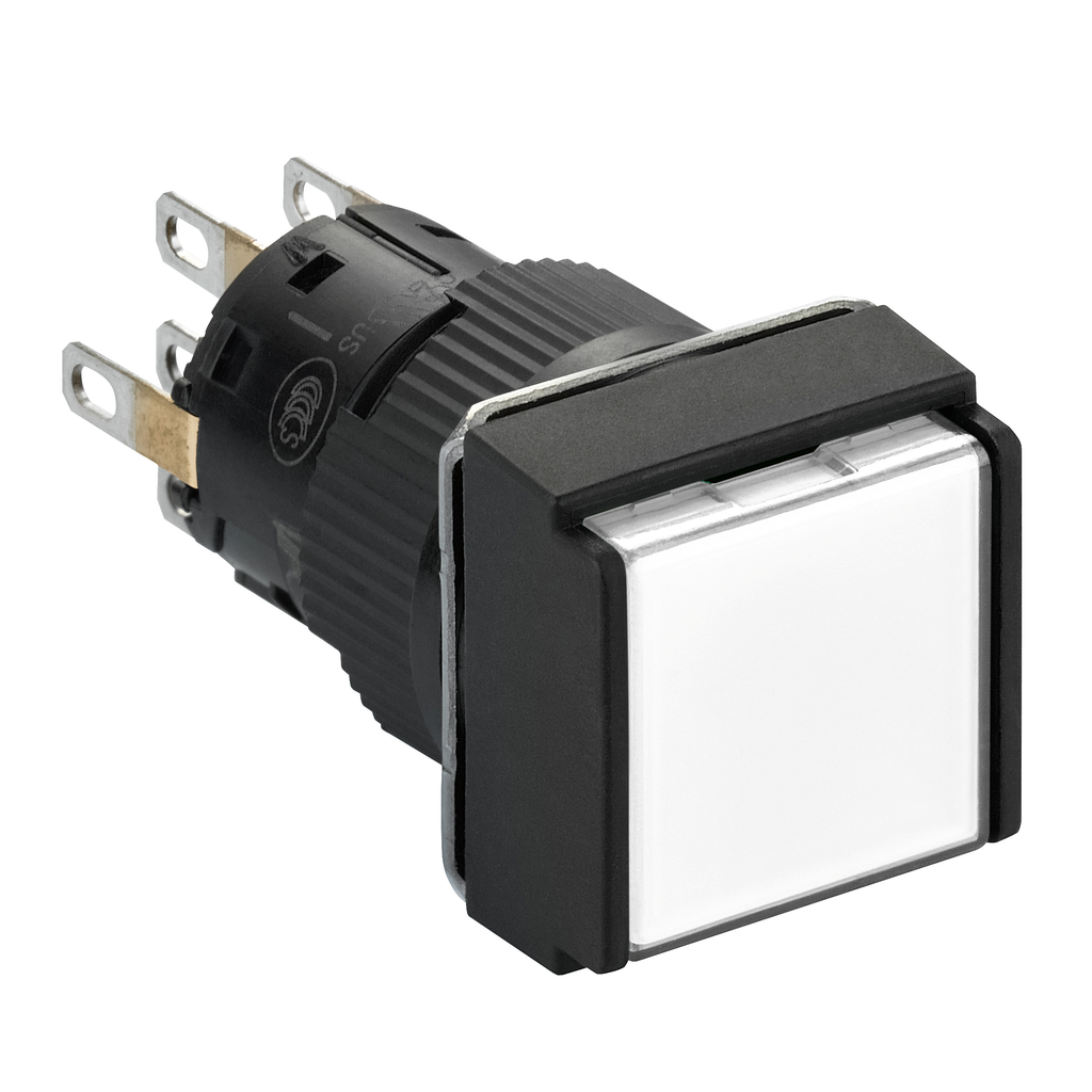 XB6ECW1B2P - Illuminated monolithic push button, Harmony XB6E, square white flush, 16mm, spring return, 24V DC, 2CO