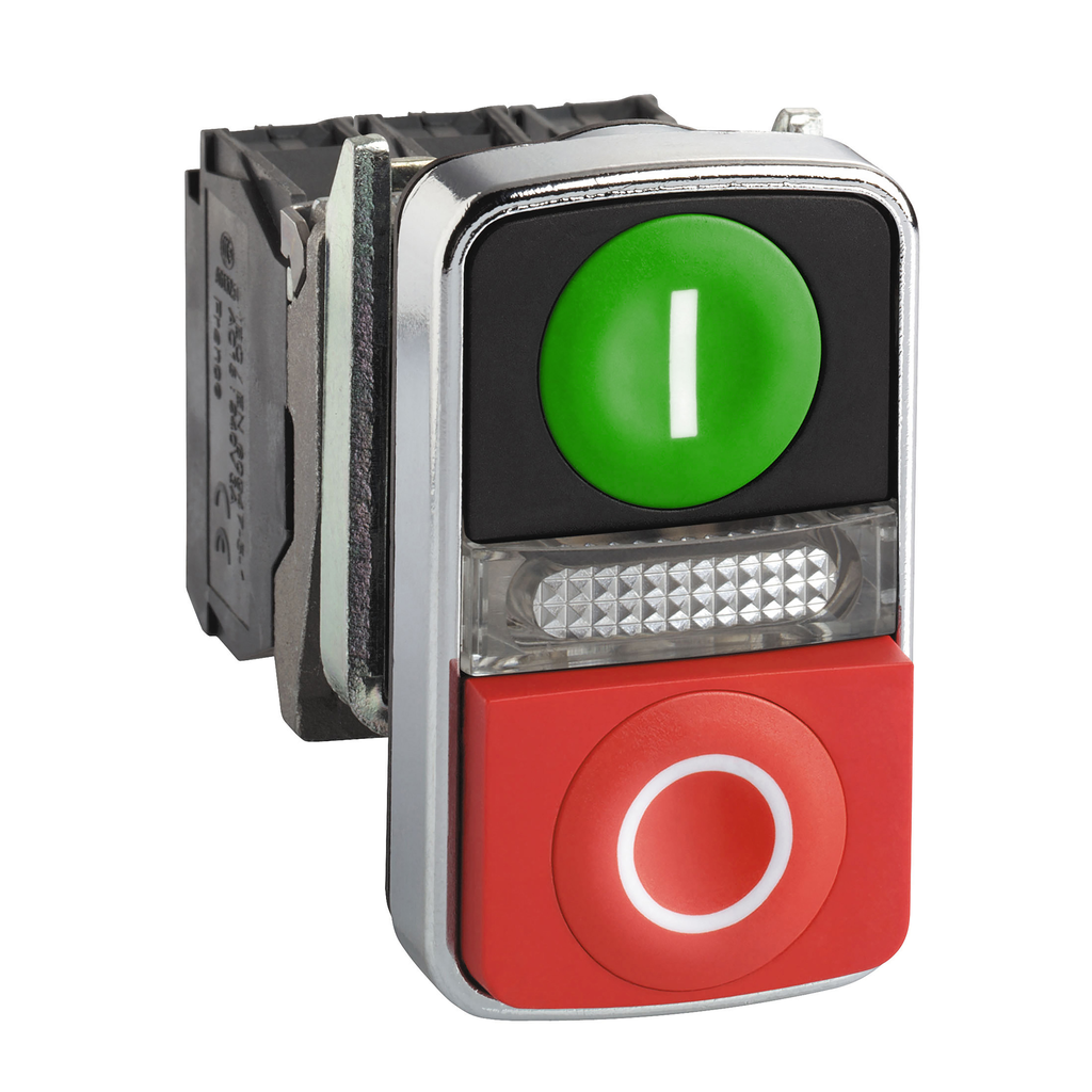 XB4BW73731G5 - Pulsador luminoso de doble cabezal, Harmony XB4, metal, 22 mm, 1 luz verde rasante I + 1 luz piloto + 1 luz roja saliente O, 120 V CA, 1 NA + 1 NC