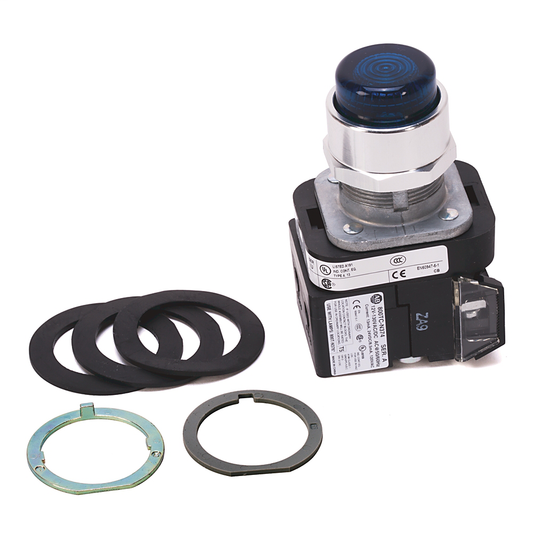 800TC-QBH2B - Contacto de 30,5 mm tipo 4/13, PB-Ilum., Azul, Ext. Hd sin protección, LED, 12-130 V CA/CC, 1 NA-1 NC, Protección para los dedos