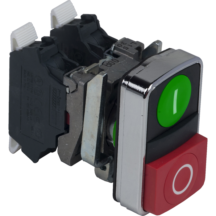 Double headed push button, Harmony XB4, illuminated pushbutton, green flush, red projecting, 22mm, 1NO + 1NC