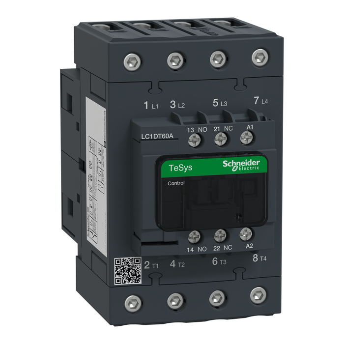 LC1DT60AU7 - IEC contactor, TeSys Deca, nonreversing, 60A resistive, 4 pole, 4 NO, 240VAC 50/60Hz coil, open style