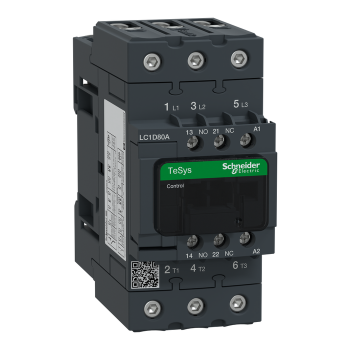 LC1D80AE7 - IEC contactor, TeSys Deca, nonreversing, 80A, 40HP at 480VAC, 3 phase, 3 pole, 3 NO, 48VAC 50/60Hz coil, open style