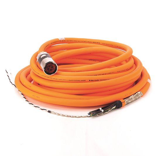 2090-CPBM7DF-08AF90 - SpeedTEC Cable, Motor Power With Brake Wires, SpeedTec DIN Connector, Drive-end, Flying-lead, 8 AWG, Continuous-Flex, 90 Meters