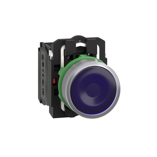 XB5AW36M5C0 - Illuminated push button, Harmony XB5, grey bezel, blue flush, 22mm, universal LED, spring return, 1NO + 1NC, 230V