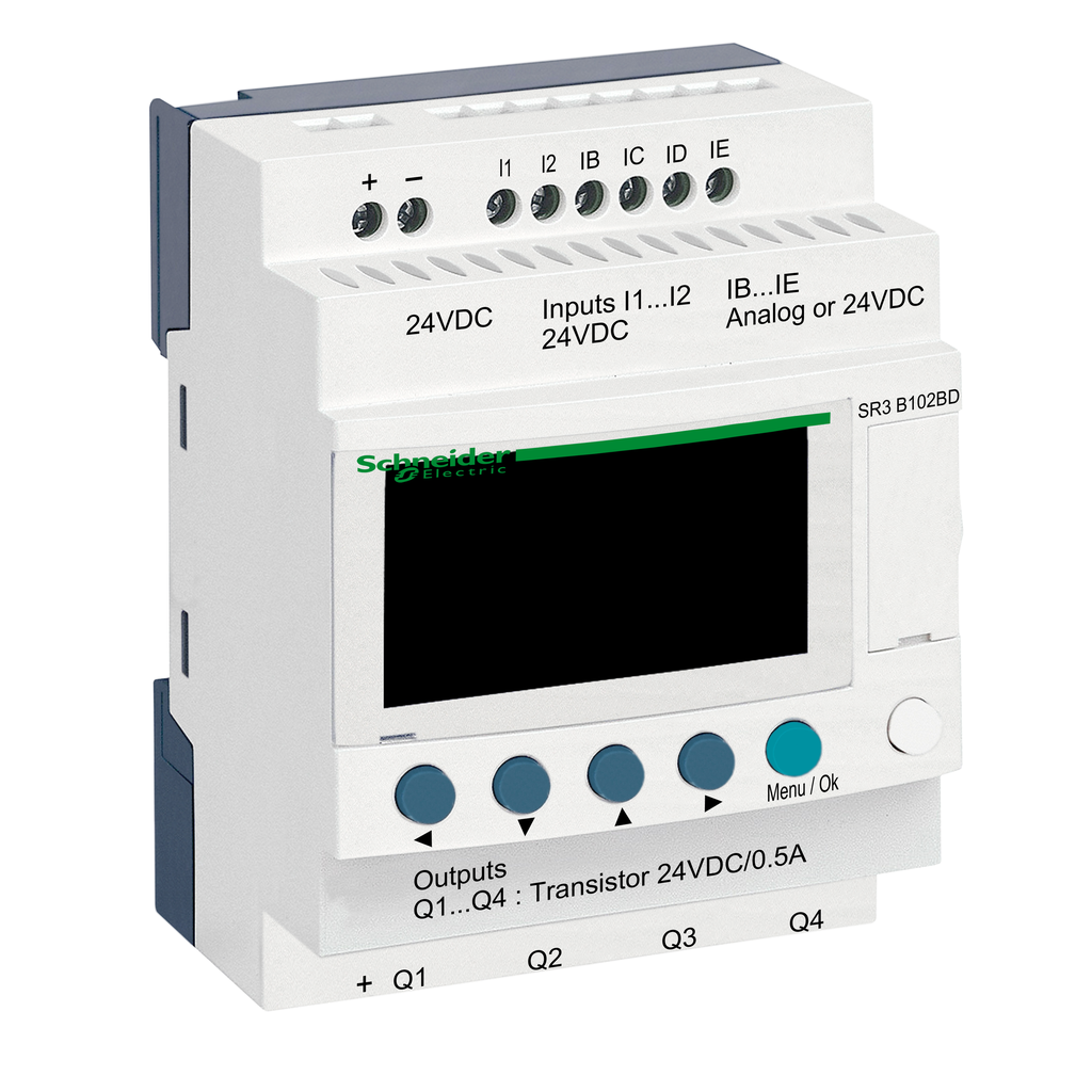 SR3B102BD - Relé inteligente modular, Zelio Logic SR2 SR3, 10 E/S, 24 V CC, reloj, pantalla, 4 salidas de transistor