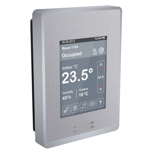 SER8350A0B00 - Controlador de habitación para fan coil de voltaje de línea: BACnet MS/TP, sensor y control de humedad relativa, carcasa/fascia plateada