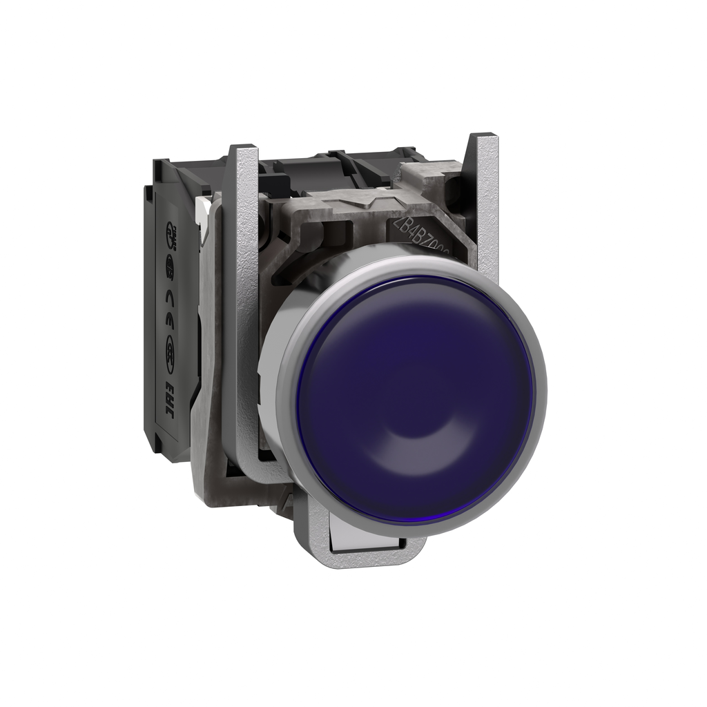 XB4BW36B5 - Illuminated push button, Harmony XB4, metal, blue flush, 22mm, universal LED, plain lens, 1NO + 1NC, 24V AC DC