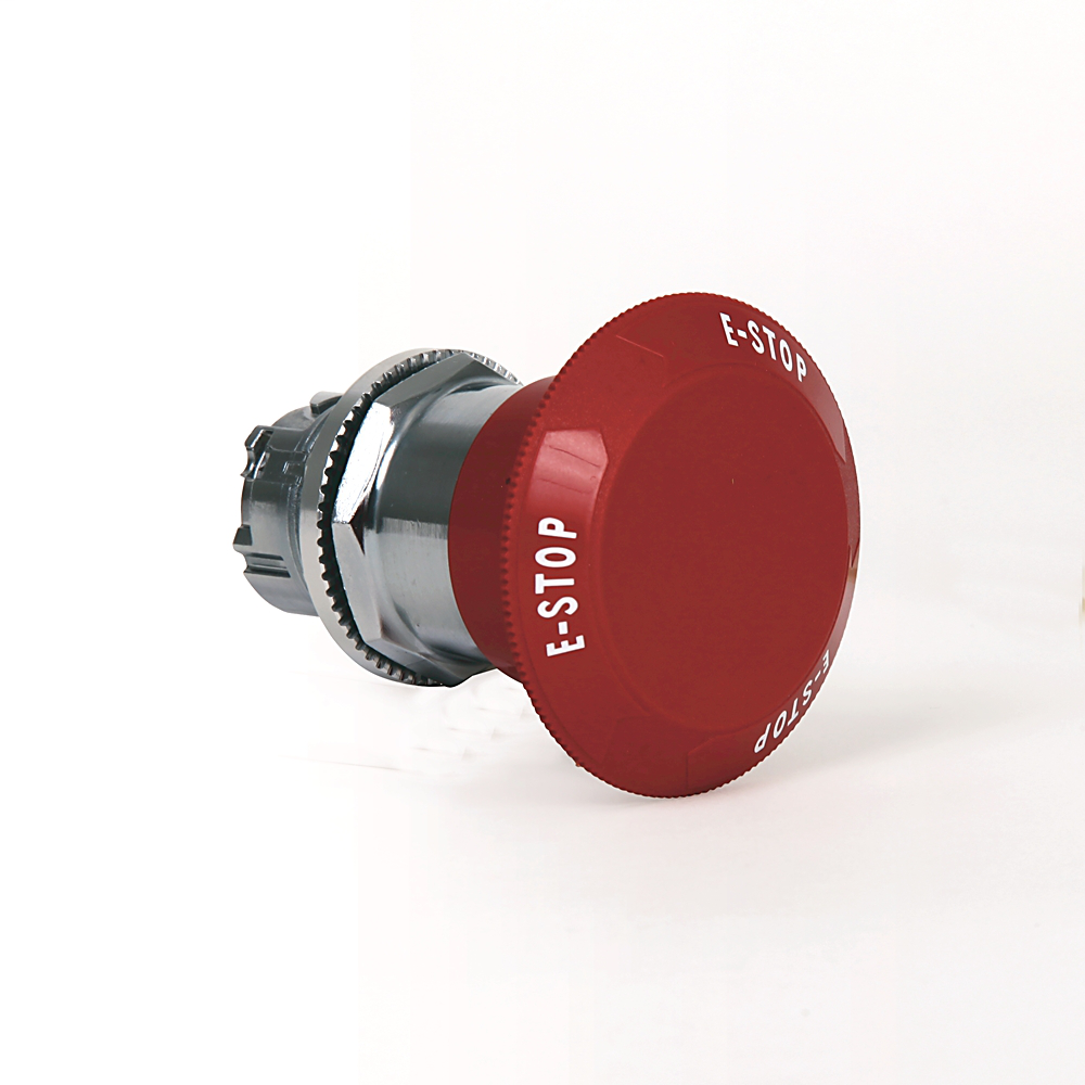 800T-TFXJETQH2R - 800T Illuminiated Trigger Action Two Position Maintained, Twist Release, Red 60mm Plastic Head, with "E-Stop" on cap, Full Voltage with LED Lamp,12 - 130V AC/DC, No Guards on Terminals, Traditional Contact Block Code: No Contacts