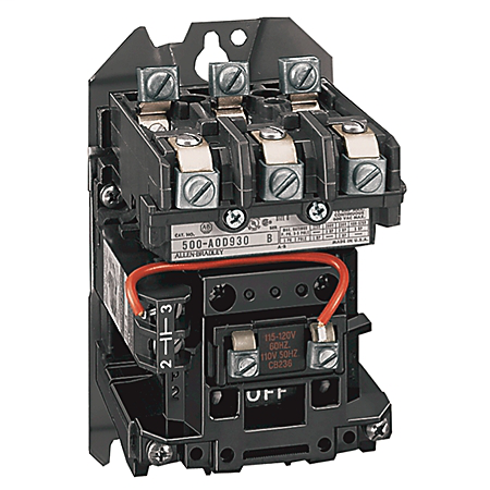 500-EOD950 - Contactor CA/CC NEMA 500, 500 CC, cargas de motor, cableado superior, tamaño 4, 115-120 V, 60 Hz, abierto, 5 polos de potencia, 135, 110/120 V, 50/60 Hz, sí
