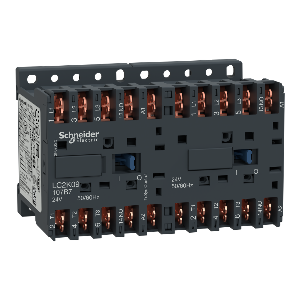 LC2K09107B7 - Reversing contactor, TeSys K, 3P, AC-3, lt or eq to 440V 9A, 1 NO, 24VAC coil