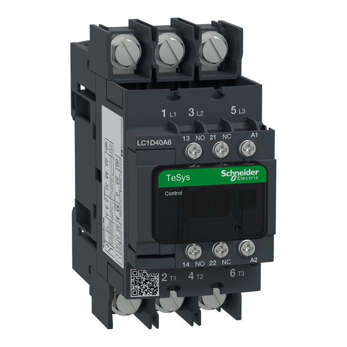 LC1D40A6U7 - IEC contactor, TeSys Deca, nonreversing, 40A, 30HP at 480VAC, 3 phase, 3 pole, 3 NO, 240VAC 50/60Hz coil, open style