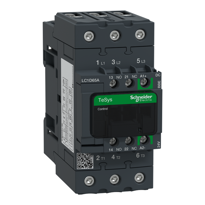 LC1D65ABBE - IEC contactor, TeSys Deca Green, nonreversing, 65A, 40HP at 480VAC, up to 100kA SCCR, 3 phase, 3 NO, 24VDC coil, open style