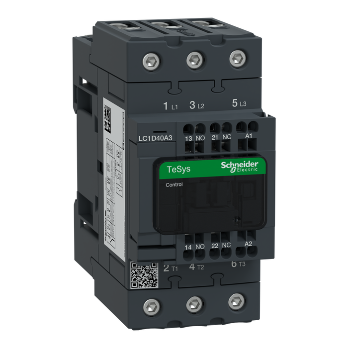 LC1D40A3M7 - IEC contactor, TeSys Deca, nonreversing, 40A, 30HP at 480VAC, 3 phase, 3 pole, 3 NO, 220VAC 50/60Hz coil, open style