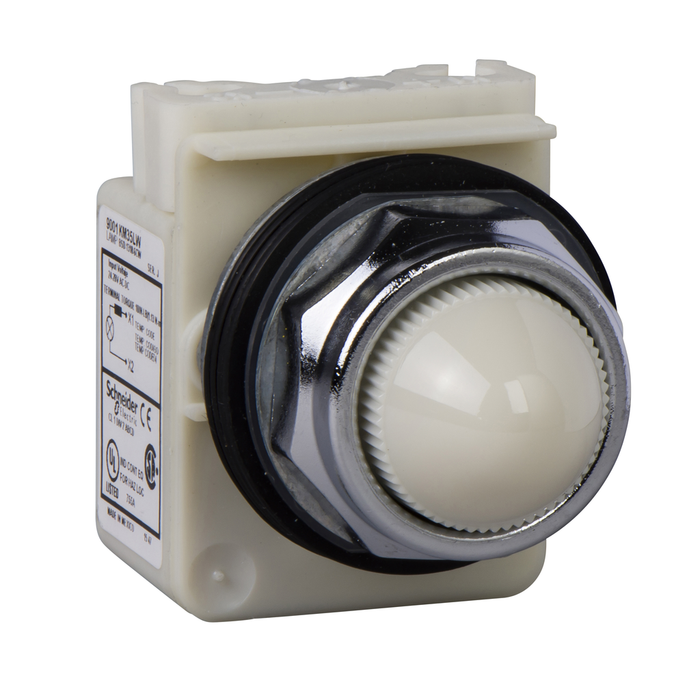 9001KP35LWW9 - Pilot light, Harmony 9001K, metal, polycarbonate, domed, white, 30mm, LED white, 24-28V