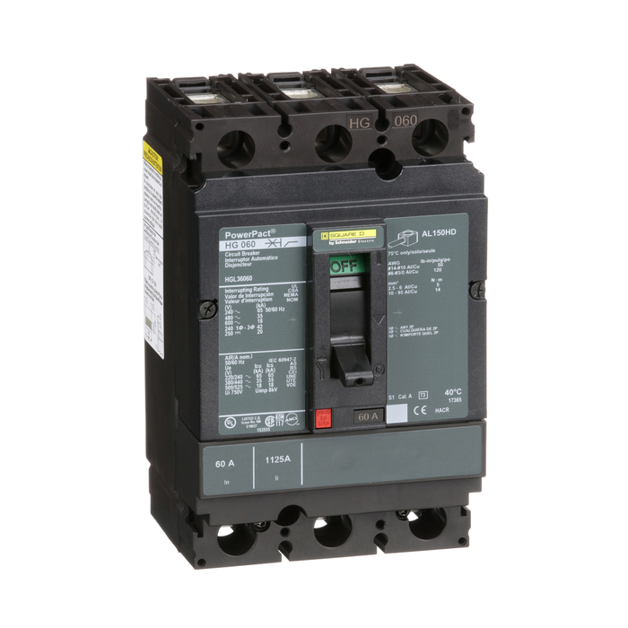 HGL36060 - Circuit breaker, PowerPacT H, 60A, 3 pole, 600VAC, 18kA, lugs, thermal magnetic, 80%