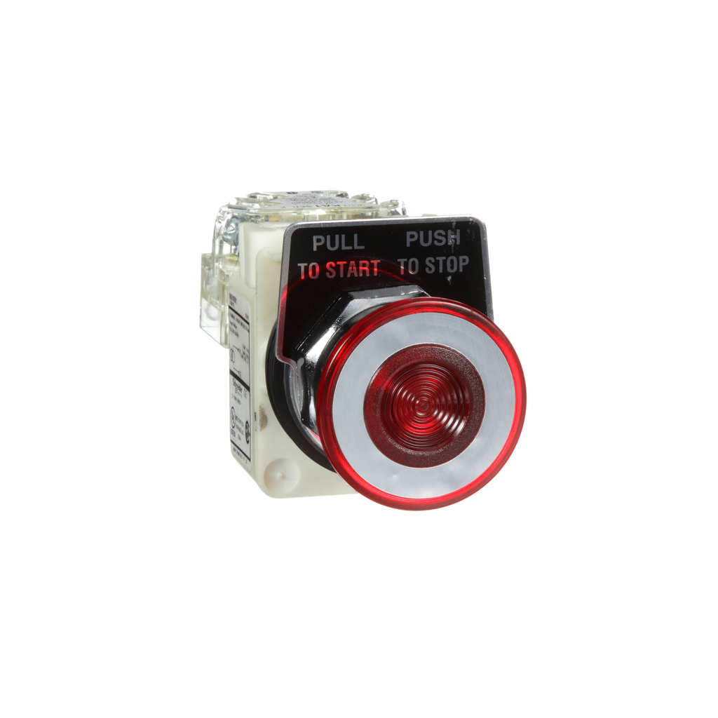 Botón pulsador de 30 mm, tipo K, operador de empuje y tracción iluminado, transformador, 120 VCA, tapa tipo hongo roja, 1 NA y 1 NC