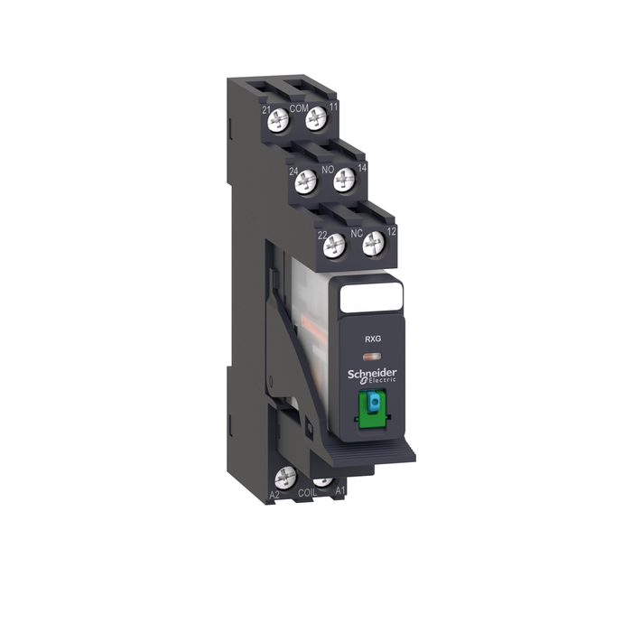 RXG21BDPV - interface plug in relay, Harmony Electromechanical Relays, 5A, 2CO, with LED, pre assembled, lockable test button, 24V DC