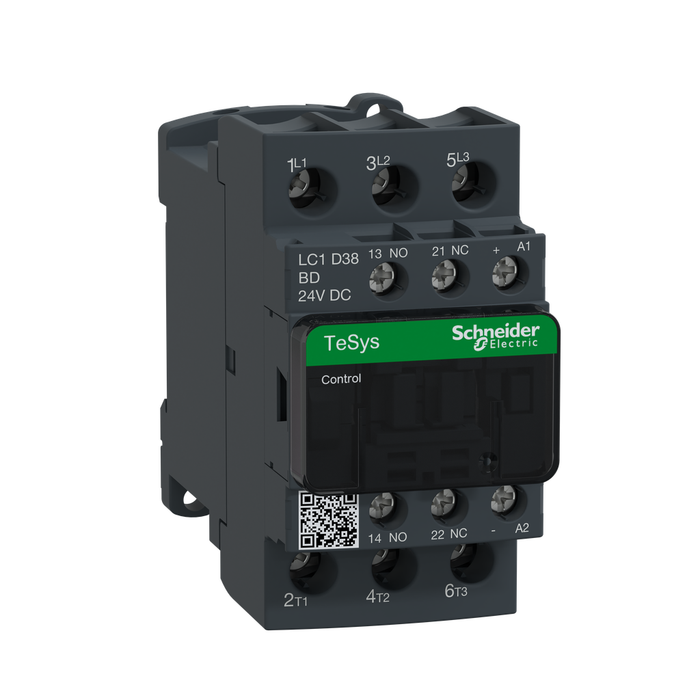 LC1D38BD - IEC contactor, TeSys Deca, nonreversing, 38A, 20HP at 480VAC, up to 100kA SCCR, 3 phase, 3 NO, 24VDC coil, open style