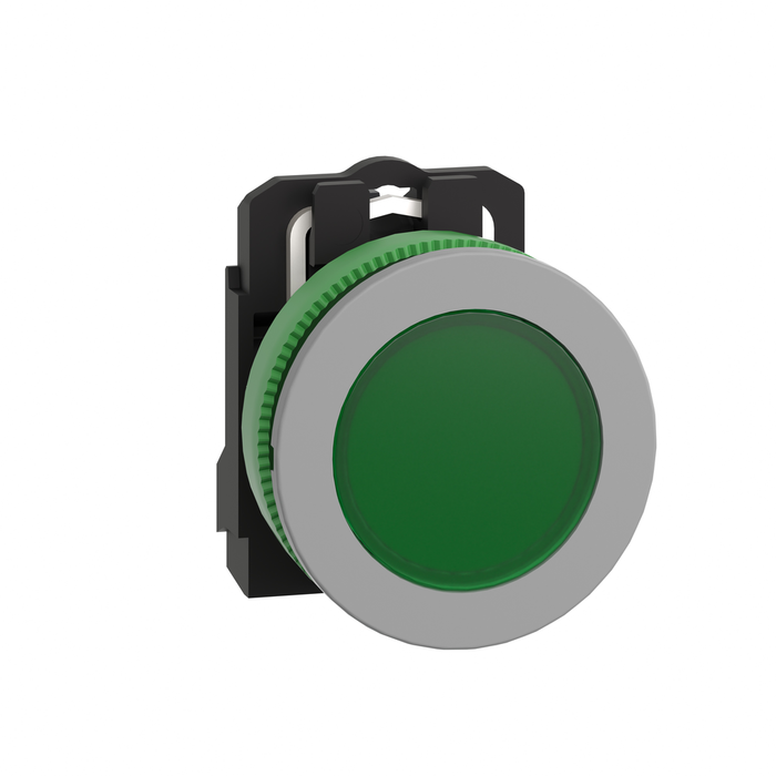 Pilot light, Harmony XB5, green flush mounted, grey bezel, 30mm, universal LED, plain lens, 110…120V