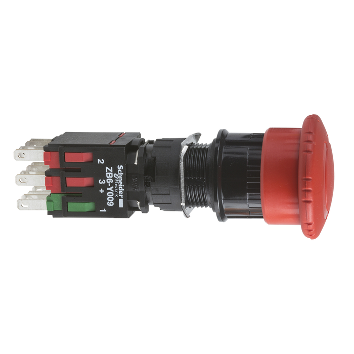 XB6AS8349B - Complete emergency stop push button, Harmony XB6, 16mm, red pushbutton30mm, trigger/latching Turn to release, 1NO + 2NC