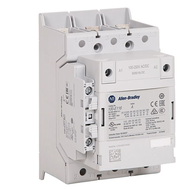 100-E116KJ11 - 100-E MCS-E Contactor, 116A, AC3 duty, 24-60V AC 50/60Hz / 20-60V DC Electronic Coil, 1 N.O. 1 N.C.