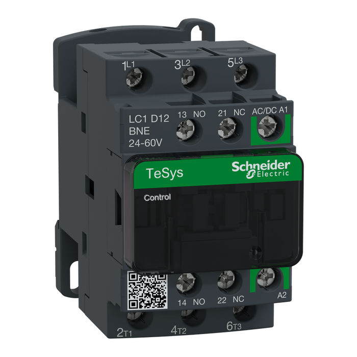 LC1D12BNE - IEC contactor, TeSys Deca Green, nonreversing, 12A, 7.5HP at 480VAC, up to 100kA SCCR, 3 phase, 3 NO, 24/60VAC/VDC coil