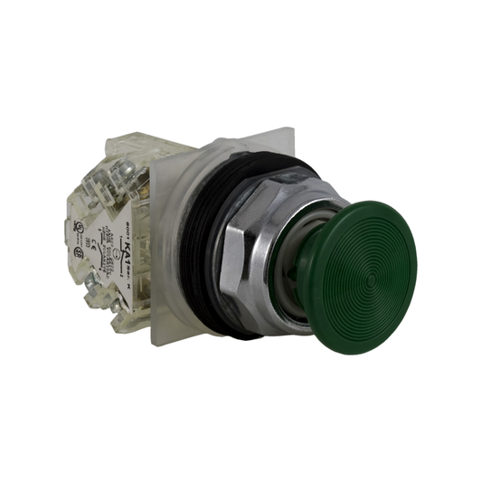 9001KR4GH13 - Pulsador, Harmony 9001K, metal, plástico tipo hongo, 35 mm, verde, 30 mm, retorno por resorte, 1 C/O